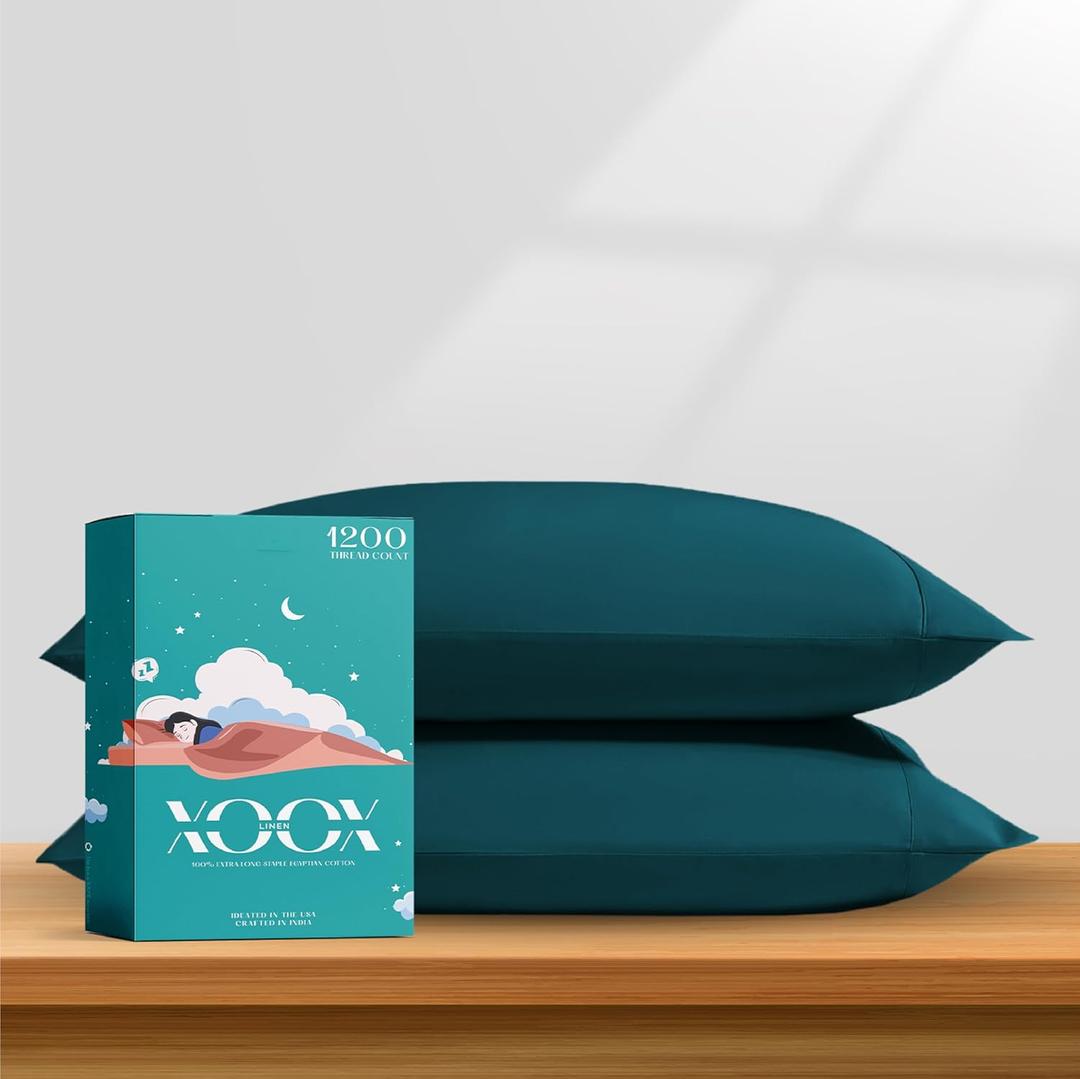 XOOX Linen 100% Egyptian Cotton Queen Pillow Cases Set of 2 - Luxury 1200 High Thread Count Cotton Standard Pillowcases (Teal), Silky Soft, Cooling, Breathable Hotel Quality Bed Pillow Cover