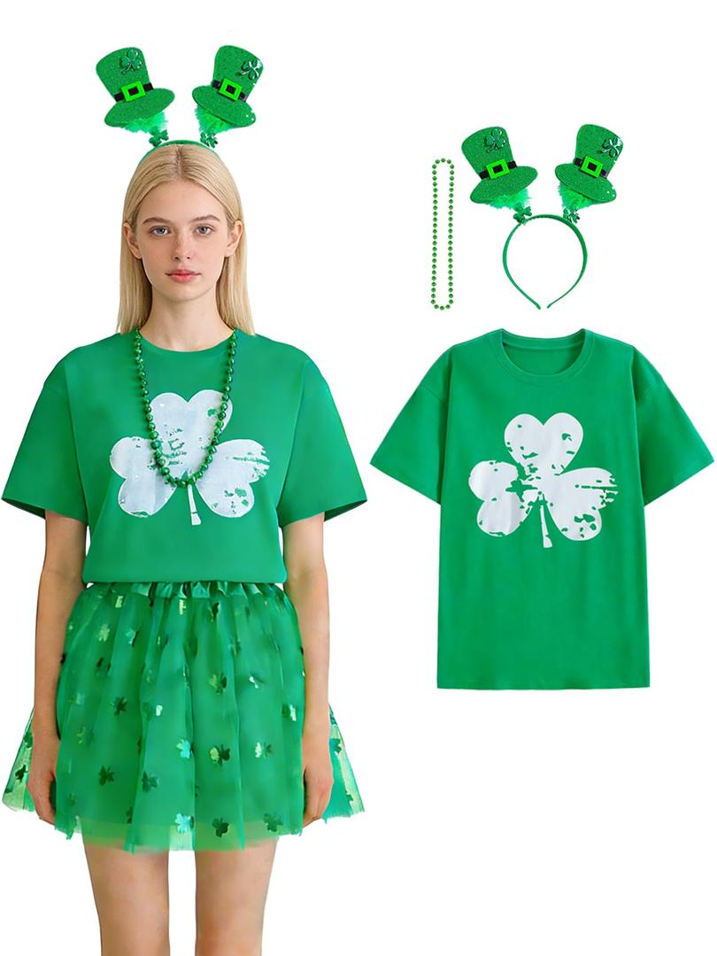 Wynato St Patricks Day Women Crewneck T-Shirt 3PCS Outfits lucky Charms Clover Sweatshirt Shamrock Headband Green Beads Necklace (US, Alpha, Large, Regular, Regular, Green Clover) (L)