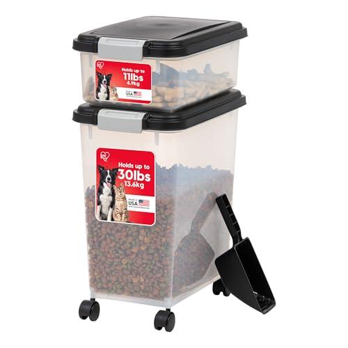 IRIS USA Dog Food Storage Container, Up to 54 lbs, Black, Made in USA | Stackable pet food storage bins with wheels keep dog and cat food fresh, organized, and easy to move.