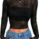 BemorRun Mesh Top Women See Through Tops (Floral Crop Top Long Sleeve Mesh Shirt Going Out Outfits), XXL