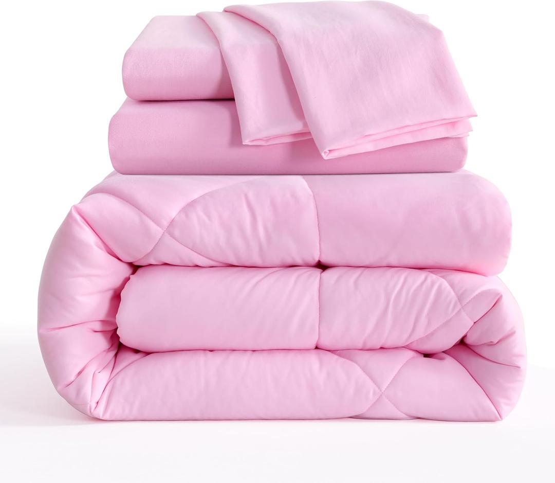 Twin Size Comforter Set, 5 Pieces Soft Bedding for All Seasons, Bed in A Bag, Kids Bedding Set with 1 Comforter, 1 Fitted Sheet, 1 Flat Sheet, 2 Pillowcases, Pink