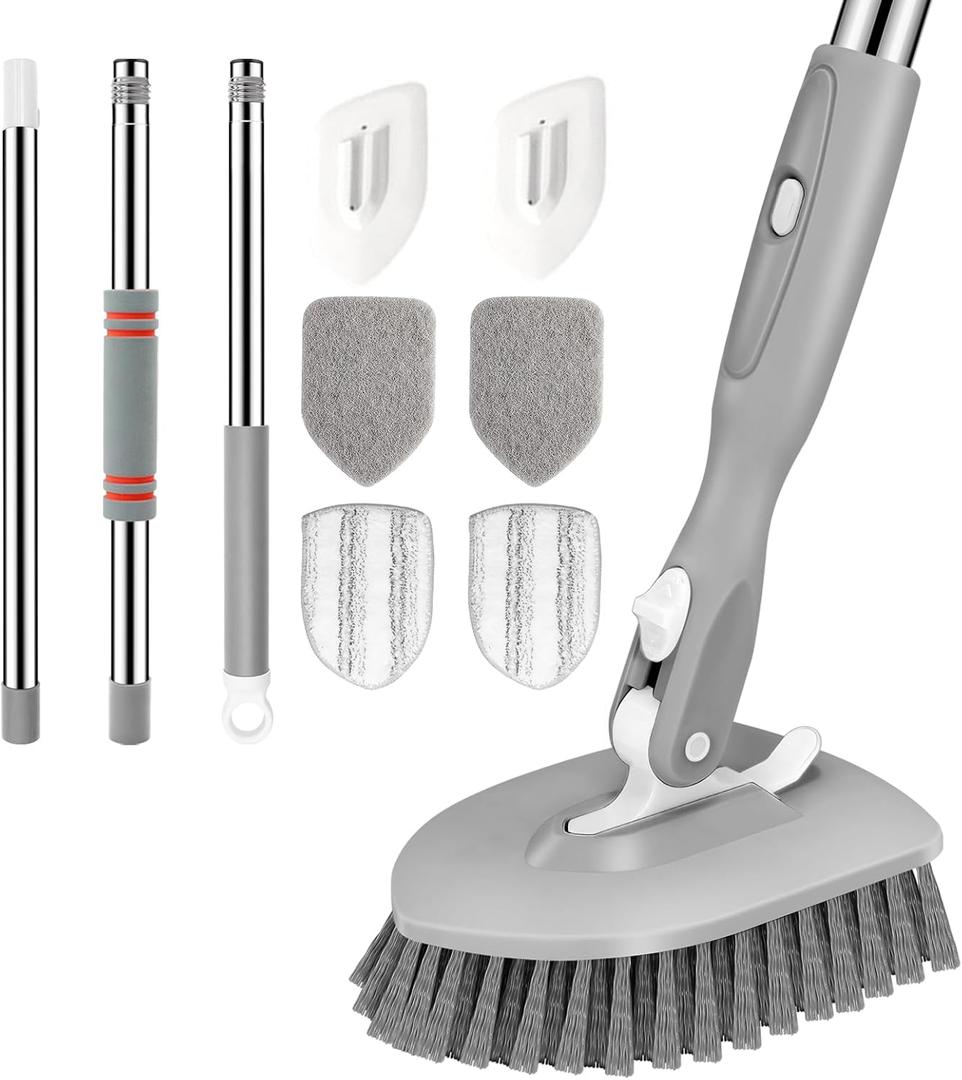 SetSail Floor Scrub Brush, 3-In-1 Tile Tub Floor Scrubber with 52-inch Adjustable Long Handle Shower Cleaner Brush and 4 Detachable Replacement Brush Heads for Cleaning Bathroom Kitchen Tub Tile, Grey (Gray)
