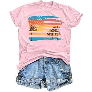 PICKID Beach Shirts Women Hawaiian T-Shirt Palm Trees Beach Graphic Tee Summer Vacation Patriotic Short Sleeve Tops. Size L