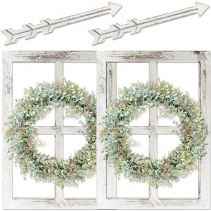WAKOSAN Rustic Wood Window Frame Wall Decor with Wreath & Arrows, 18 x 24 inches
