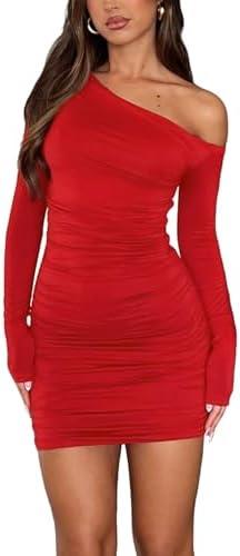 HOT ROEE Women's Off The Shoulder Sexy Bodycon Long Sleeve Ruched Party Club Mini Dress,S
