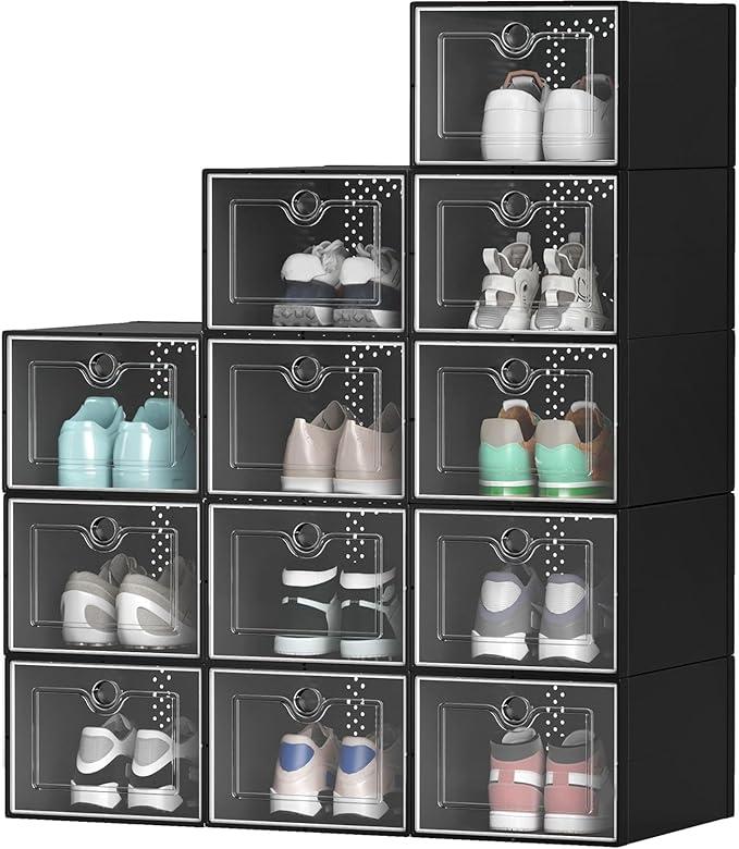 YITAHOME X-Large Shoe Storage Boxes, 18 Pack Shoe Organizer Box Fit up to US Size 15, Plastic Stackable Sneaker Containers for Bedroom, Entryway, Closet (Black, X-Large)