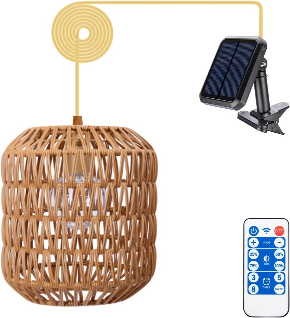 Outdoor Rattan Chandelier Lantern Solar Pendant Lights, 9" Large Rattan Waterproof Hanging Lantern with Remote Lights, Lighted for Garden Porch Patio Kitchen