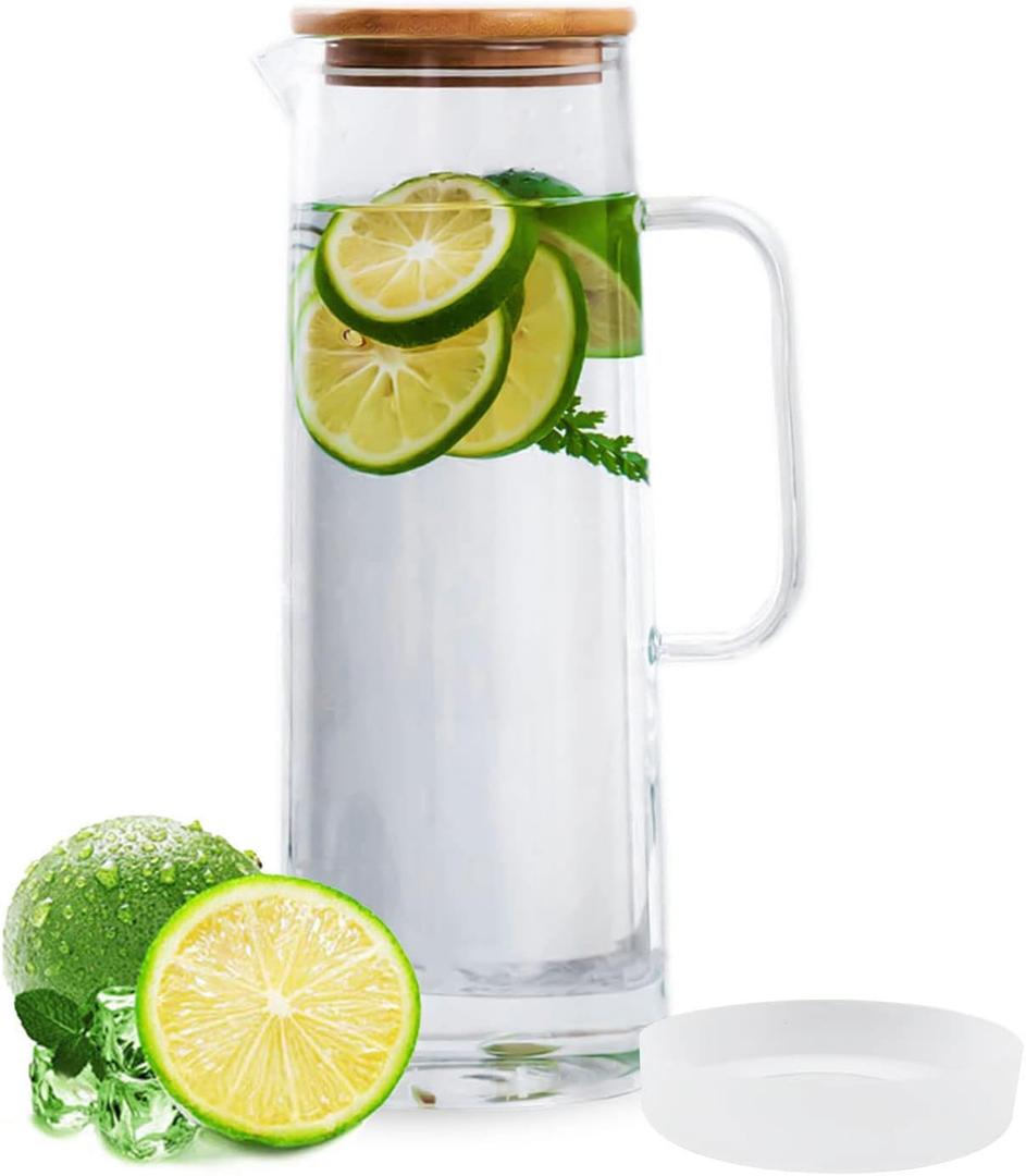 hjn Glass Pitcher with Lid Glass Water Carafe with Handle, Fridge Water Jug Cold or Hot Beverages, Iced Tea, Milk, Juice 1500ml/51oz &