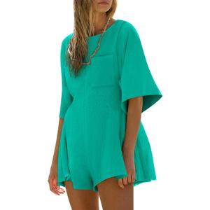 Yousify Women's Summer Rompers Dressy Casual Spring Short Sleeve Tshirt Romper Dress Loose Fit Flowy Jumpsuit with Pocket Green L