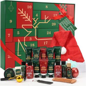Advent Beauty Calendar for Adults 2025 Rinse & Robust Beard Care Kit Christmas Gifts for Men Skincare Beauty Advent Calendar for Men Christmas 24 Days Countdown Calendar Beard Care Grooming (Green & Red)