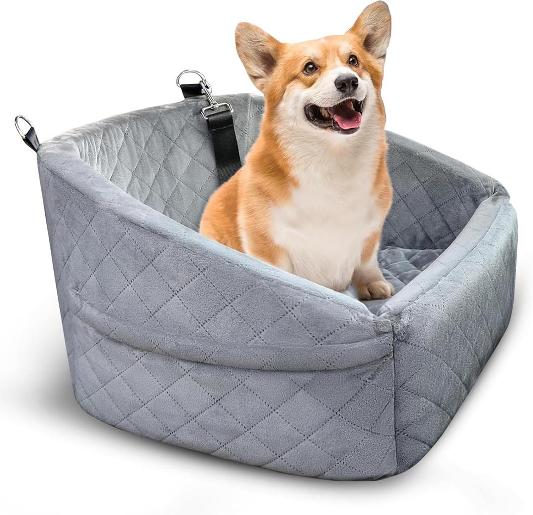 Dog Car Seat for Small Medium Sized Dogs & Cats – Booster Seat with Safety Belt, Non-Slip Bottom, Washable Bed, Storage Pockets – Pet Car Seat for Dogs/ Puppy Cats Under 5-35 lbs (Grey)