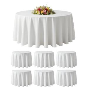 BESTVIP 6 Pack 120" White Round Fabric Tablecloths | Fits 48"-78" Tables | Polyester Washable Decorative Table Cloth Cover for Wedding, Reception, Banquet, Birthday, Parties, Buffets, Restaurant