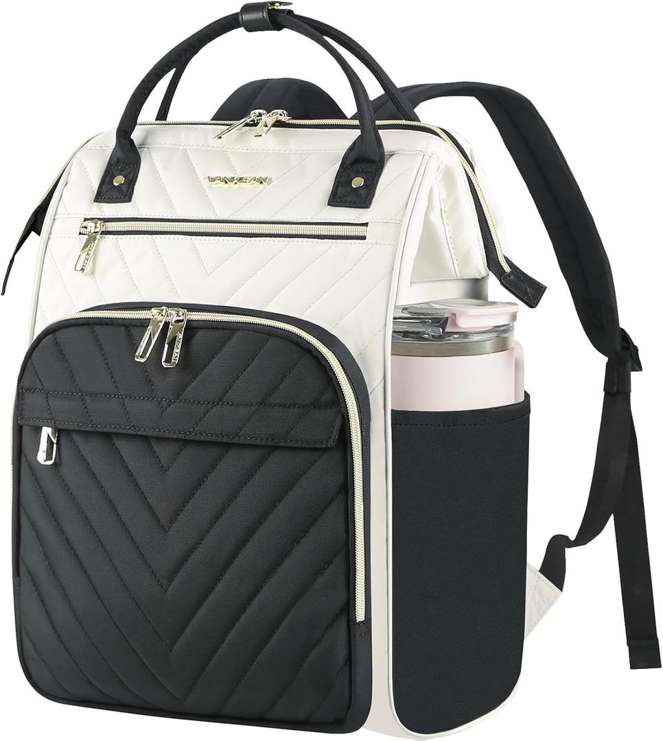 VANKEAN 17 Inch Laptop Backpack for Women Fashion Computer Work Bag, Large Capacity Waterproof Backpack, College Daypack Business Travel, Beige-Black