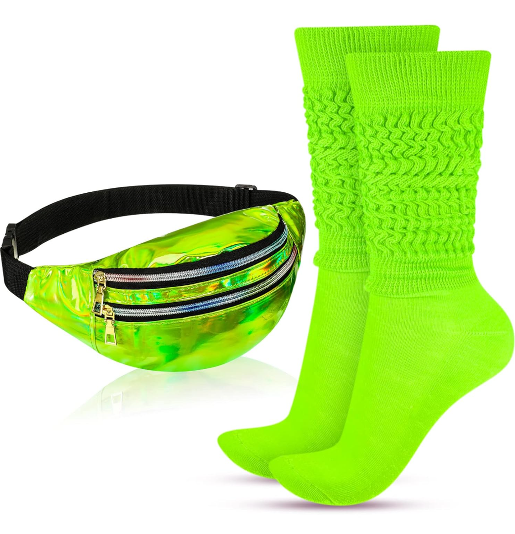 Tarpop 80s Neon Women Socks Holographic Fanny Pack Slouch Long Scrunch Sock Waist Bag for 80s 90s Halloween Costume