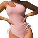 Eomenie Women's One Piece One Shoulder Swimsuit with Drawstring Tummy Control Bathing Suit Sexy High Cut Swim Suits (Pink, XXL)
