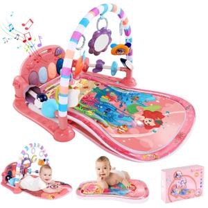 Looxii 2 in 1 Baby Play Gym with Tummy Time Water Play Mat, Kick and Play Piano Gym with Sound and Lights for Newborn, Floor Activity Gym with Hanging Toys 0 3 6 12 Months Girl & Boy (33.5*25.6", Pink)
