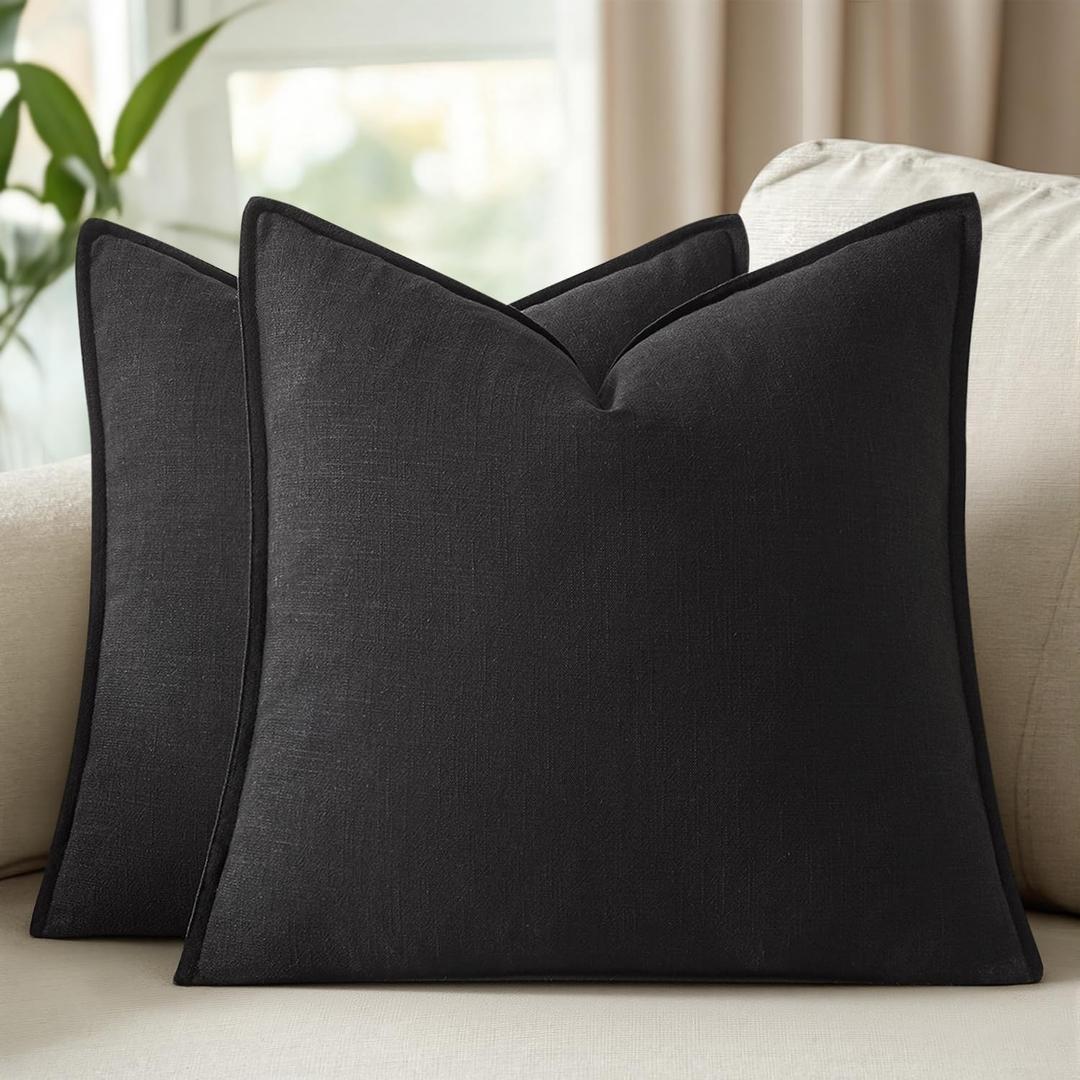 Woaboy 18x18 Inch Set of 2 Decorative Linen Solid Throw Pillow Covers Boho Accent Farmhouse Couch Pillowcases Modern Netural Home Decor for Couch Sofa Living Room Bed,Black