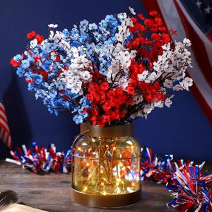1 Set Patriotic Artificial Flowers with Glass Vase Red Blue White Baby Breath Decoration 4th of July Rustic Clear Lights Vase for Independence Day Floral Arrangement Table Centerpieces Gifts