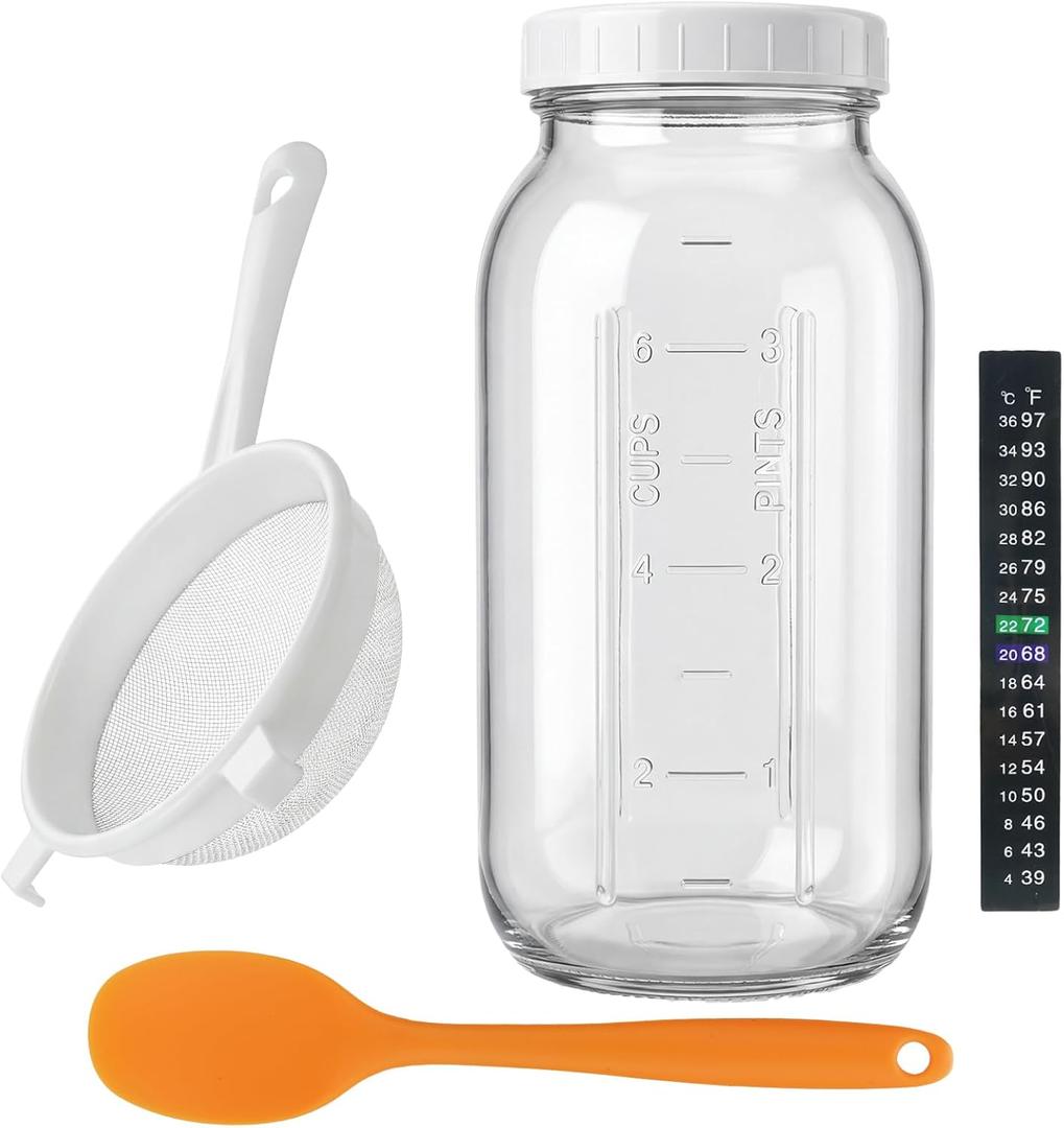 5-Piece Kefir Starter Kit with Mason Jar  Complete Kefir Starter Fermentation Set Includes Wide Mouth Mason Jar, Fermenting Lid, Fine Mesh Strainer, Silicone Spoon & Temperature Strip