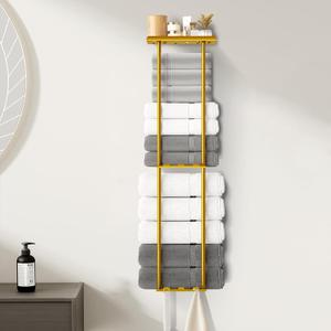 Towel Racks for Bathroom, 36.6 inch Metal Towel Storage, 8 Large Bath Towels Capacity, 3-Tier Towel Holder for Bathroom, with Shelf & 6 Hooks, Wall Mounted Towel Rack for Rolled Towels, Gold