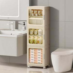 3-Tier Narrow Bathroom Storage Cabinet with Clear Doors and Adjustable Shelves, Plastic Slim Bathroom Organizers and Storage Small Spaces Pantry Kitchen Laundry Room Quick Assembly, 11.42"D x 14.57"W x 49.61"H, Beige
