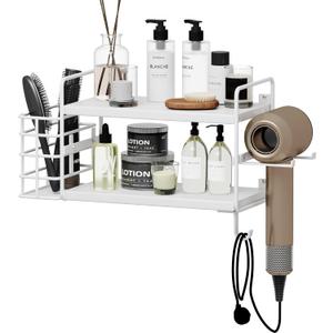 3-in-1 Wall Mounted Hair Dryer Holder with 2 Tier Shelves & Detachable Basket, Space Saving Organizer for Bathroom, Kitchen, Bedroom, Rust-Resistant, Easy Install (White)