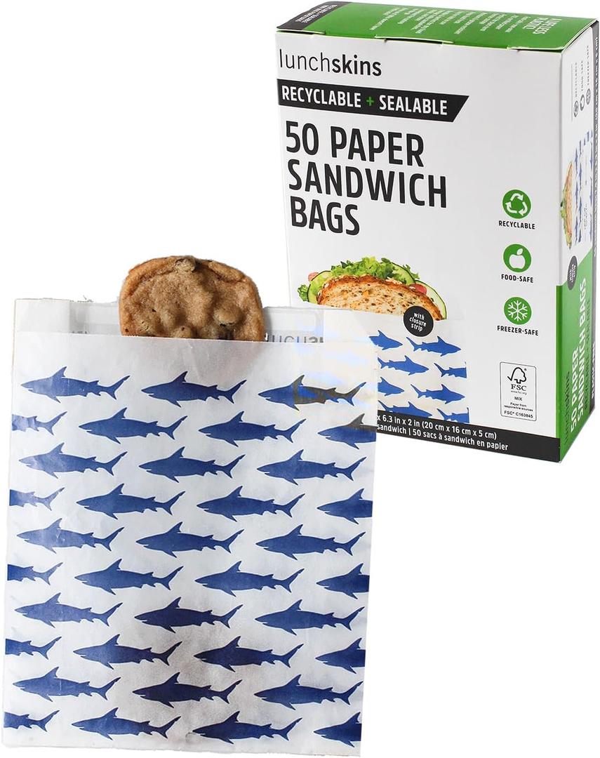 Lunchskins Recyclable & Sealable Paper Sandwich Bags  50 Count | Shark Design | Eco-Friendly Grease-Resistant Glassine Snack Bags with Self-Adhesive Closure for Freshness