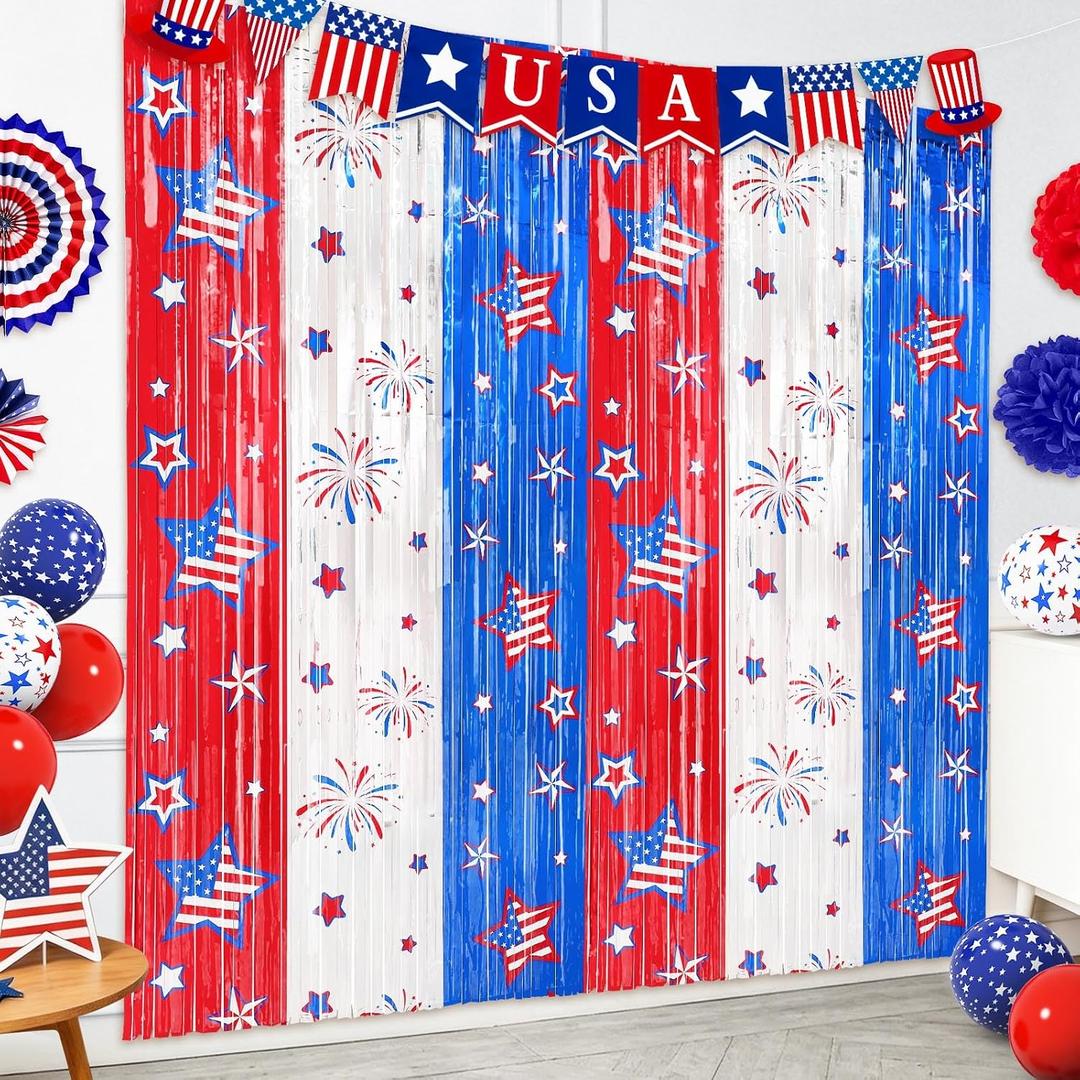 3 x 4th of July Decorations Backdrop 2 Pack Red White Blue Star Pattern 3.3 x 6.6 Ft Foil Fringe Curtains Streamers Photo Booth Props for Independence Labor Memorial Day Patriotic USA Party Decor Supplies