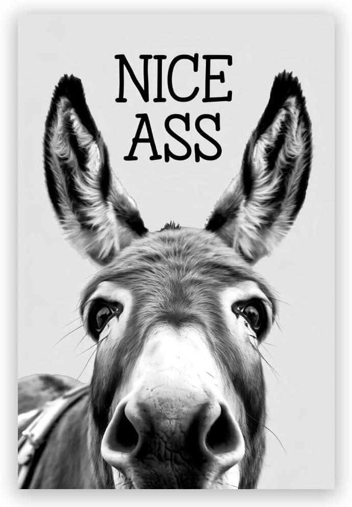 Funny Donkey Wall Art Nice Ass,Donkey in Bathroom Posters Middle Ages Abstract Farmhouse Home Canvas Print Painting Interest Black and White Wall Decor 8x12inch Unframed