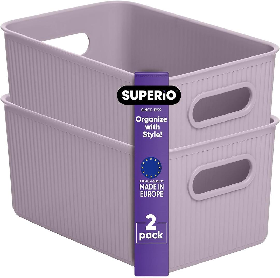 Decorative Plastic Open Home Storage Bins Organizer Baskets, Medium Lilac Purple (2 Pack) Container Boxes for Organizing Closet Shelves Drawer Shelf - Ribbed Collection 5 Liter (Without Lid)