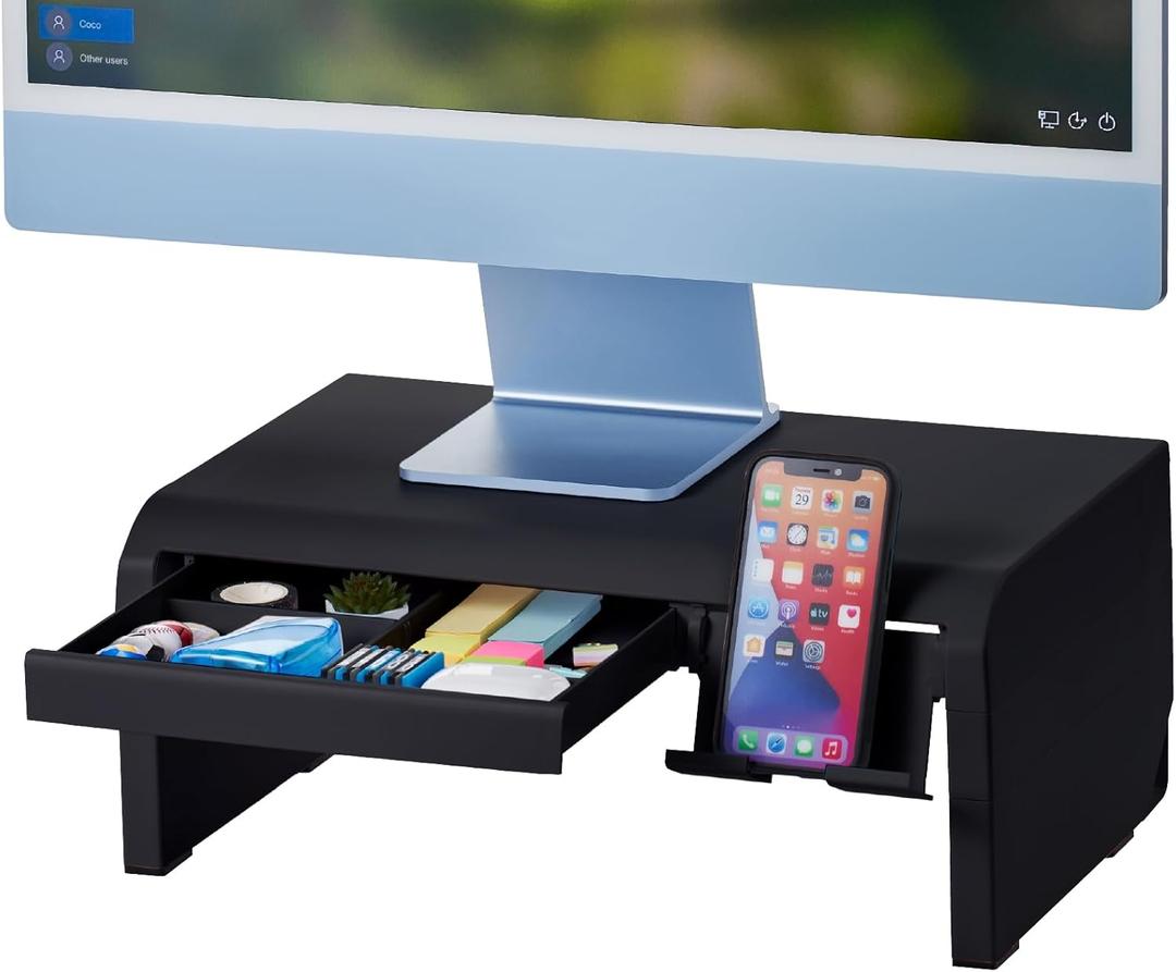 Bostitch Konnect Adjustable Monitor Riser with Drawer & Cell Phone Holder, Laptop Stand for Desk, 4 Height Levels, Cable Management & Rubber Feet (Black)