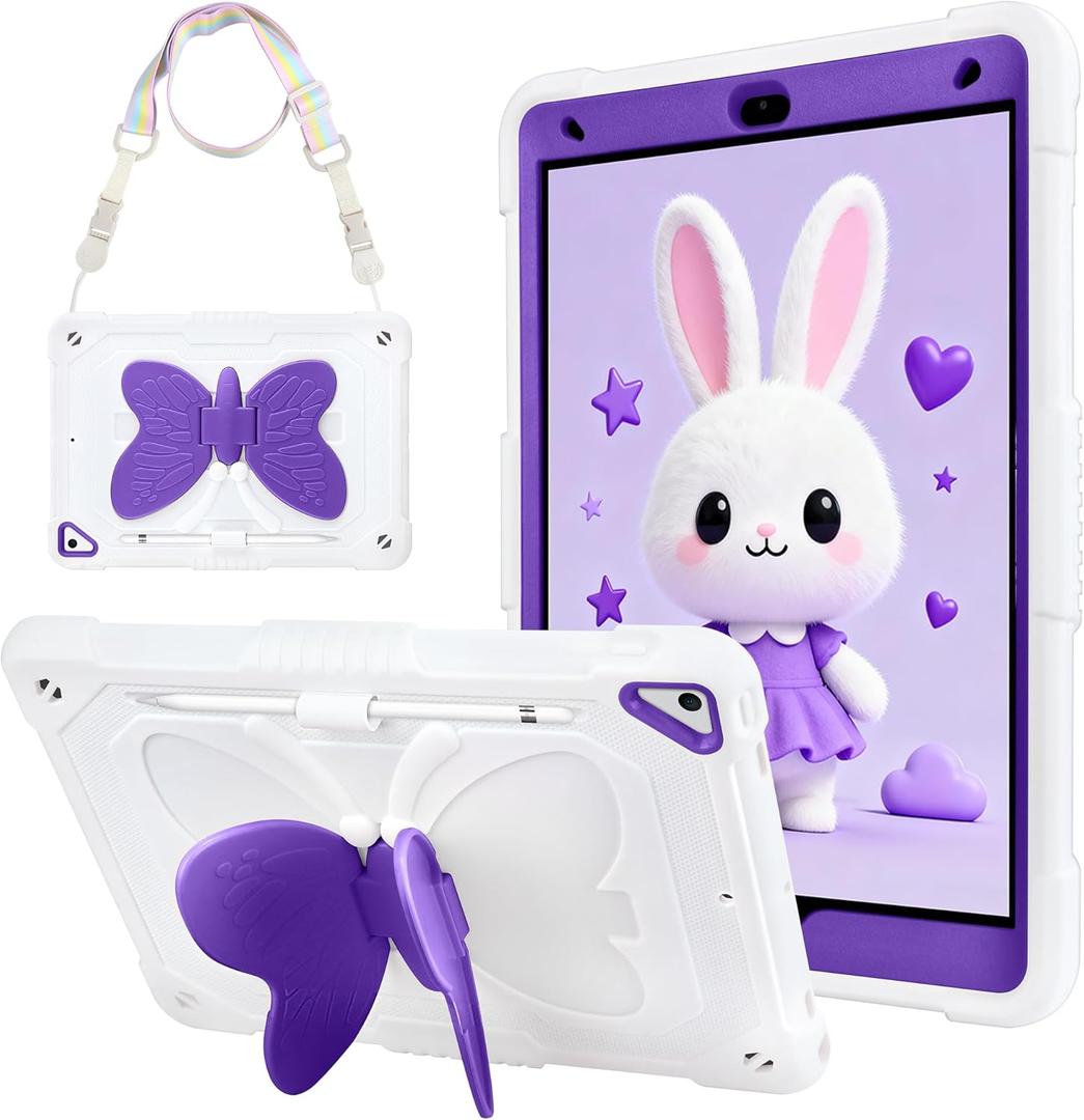 WESADN for iPad 9th Generation Case 8th 7th Gen 10.2 inch 2021 with Kickstand Butterfly Wings Lanyard Carrying Strap Rugged Cases Pencil Holder Girls Kids Cover for iPad 10.2 Case, White Purple
