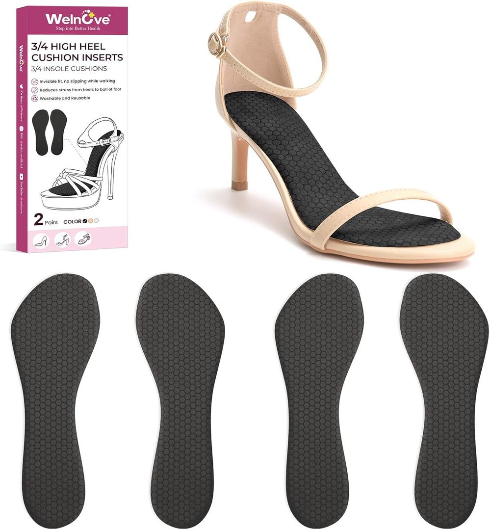 High Heel Cushion Inserts for Women - (2 Pairs) Welnove 3/4 Invisible Insoles Prevent Feet from Sliding Forward - Shock Absorption - Comfort Shoe Pads for High Heels Sandals Flats,Black, Size S