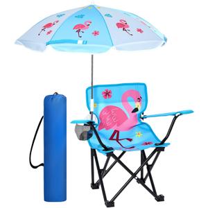 Outdoor Toddler Camping Chair with Umbrella Foldable Beach Chairs with Safety Lock for Kids Waterproof Lawn Kids Folding Chair for Outside Beach Travel(Flamingo)