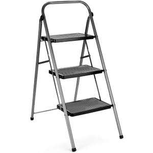 3 Step Ladder Folding Step Stool Anti-Slip with Wide Pedal Handrail,Heavy Duty Sturdy Safe Steel Small Ladder for Kitchen Closet,Portable Collapsible Foldable Compact Step Stool for Adults Grey