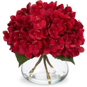 Hollyone Hydrangea Artificial Flowers in Vase Red Silk Fall Fake Flowers Arrangements with Glass Vase with Faux Water Faux Floral Bulk Bouquet for Office Table Centerpiece Shelf Home Decorations (Hydrangea, Red)