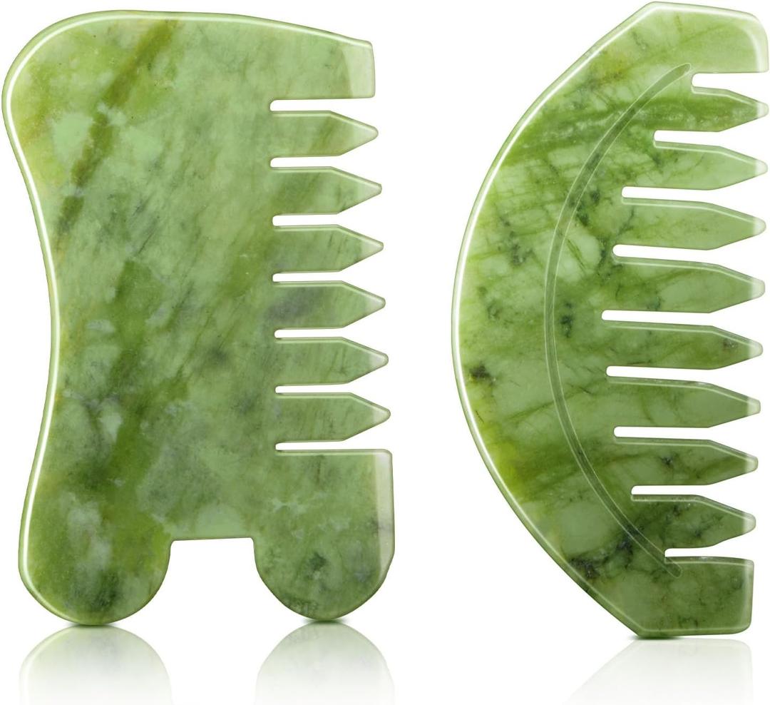 BBTO 2 Pcs Jade Comb for Scalp Massage Gua sha Comb for Head Body spa Hair Multifunctional Handheld Massage Tools(Round, Classic Style)