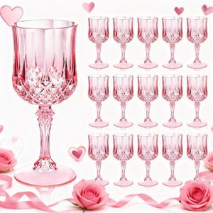 Ciaell 24PCS Pink Plastic Wine Glasses - 7 Oz Plastic Goblets for Party - Pink Vintage Drinking Glasses - Disposable Water Goblets Set for Wedding, Bar, Wine, Cocktail, Whiskey & Valentine's Day