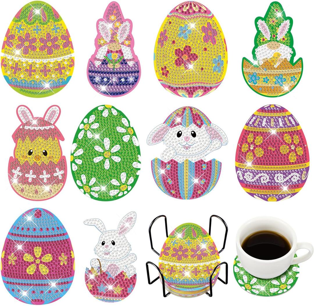 FairySandy 10 Pcs Easter Diamond Painting Coasters Egg Bunny Flower Easter Diamond Art Coasters with Holder 5d Art Painting Kits for Adults Beginner