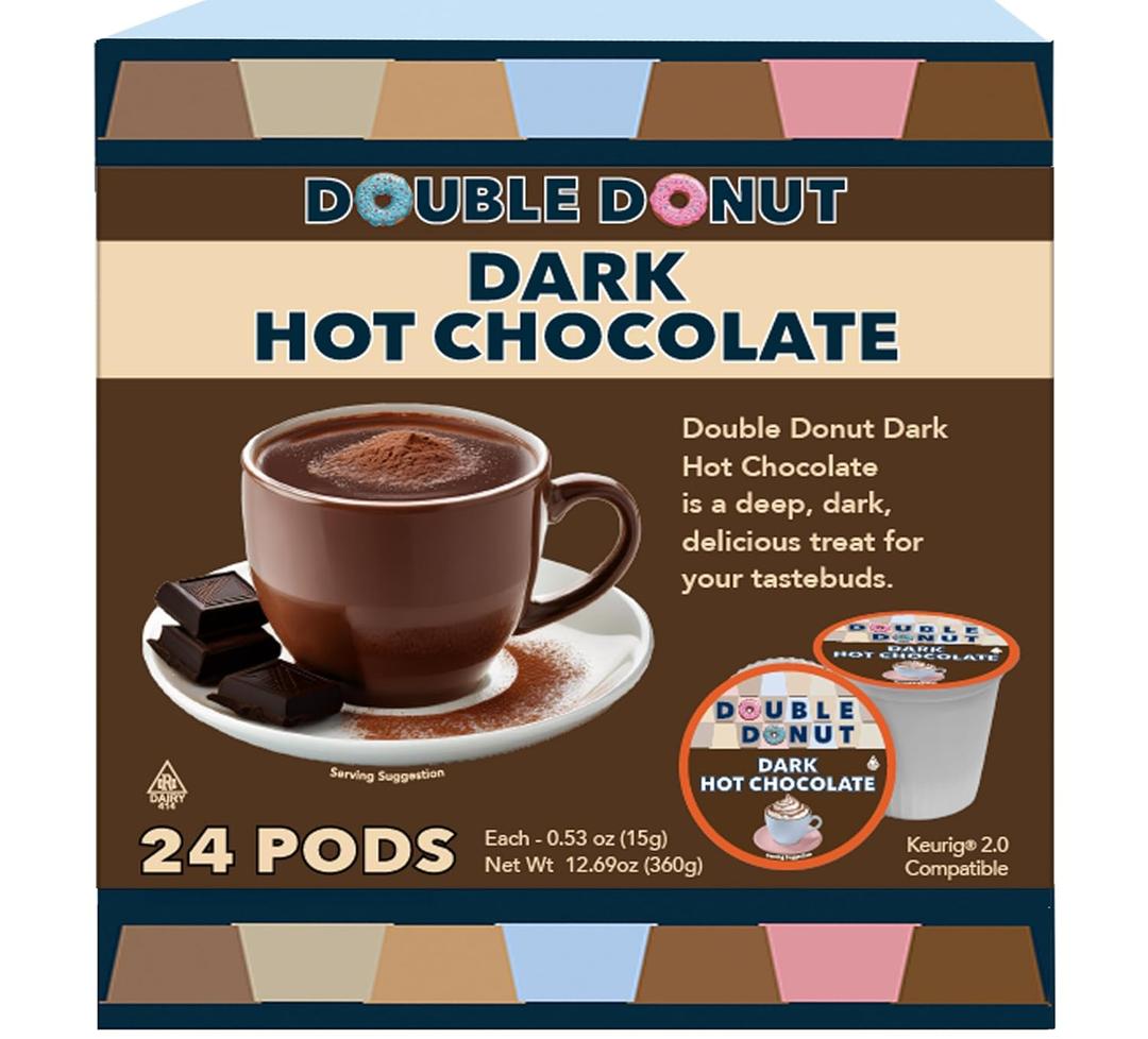 Double Donut Coffee Dark Hot Chocolate Pods for Keurig K Cups Brewers, Single Serve Dark Hot Cocoa Pods, 24 Count