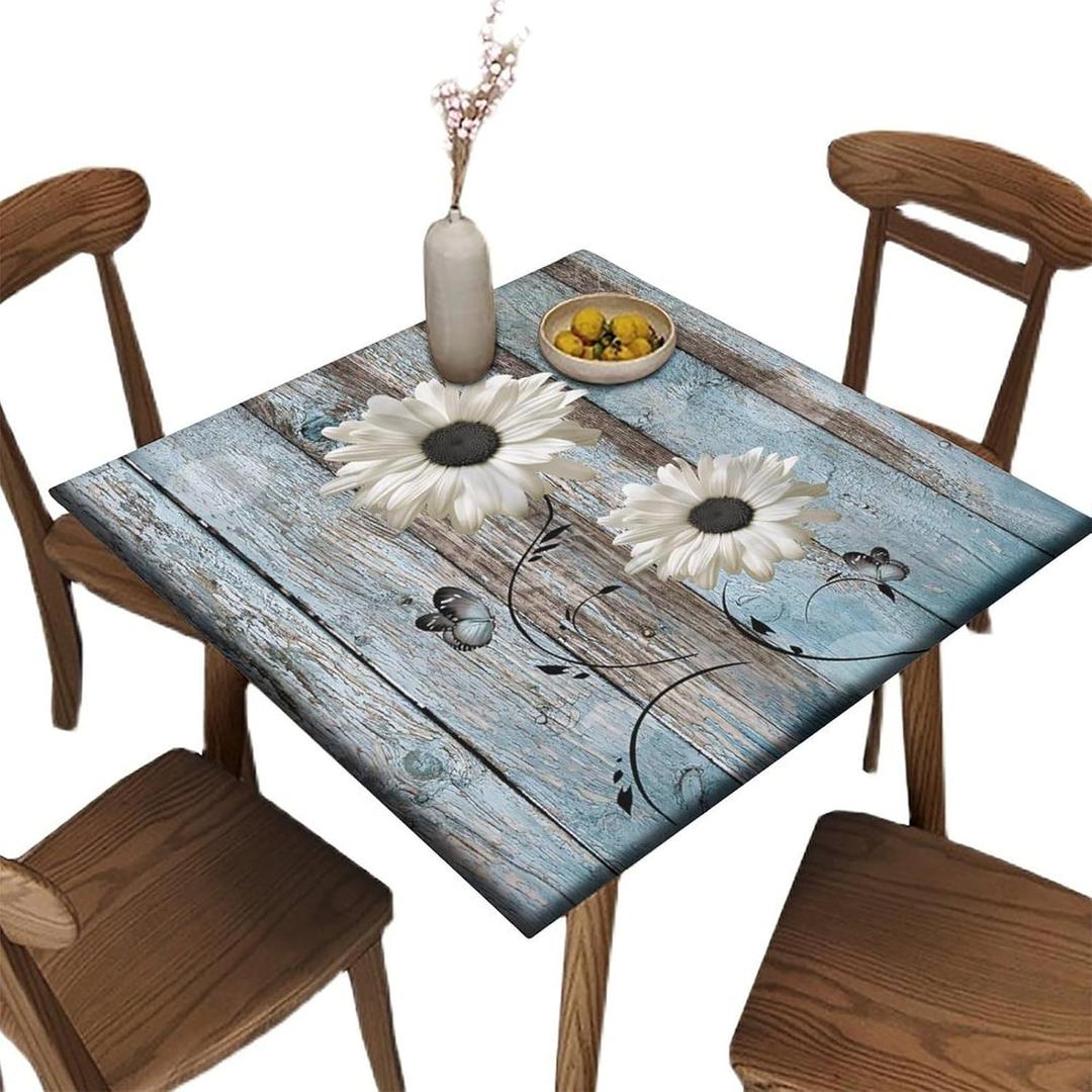 Elastic Edge Fitted Square Tablecloth, Teal and White Daisy Flower Polyester Table Cloth , for Indoor Restaurant or Outdoor Patio Party Dining, Fit for 36" x 36" Square Table