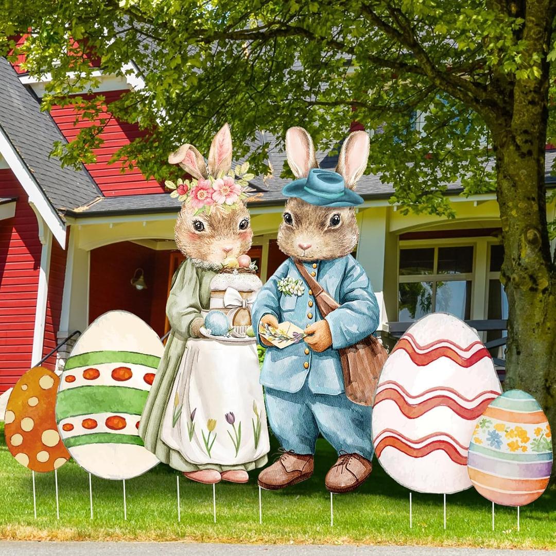 GlikCeil 6 Pcs Vintage Easter Bunny and Egg Yard Signs 31.5 Inch Bunny Outdoor Decorations Spring Easter Yard Decor with Stakes for Garden Lawn Patio Hunt Party Supplies Props