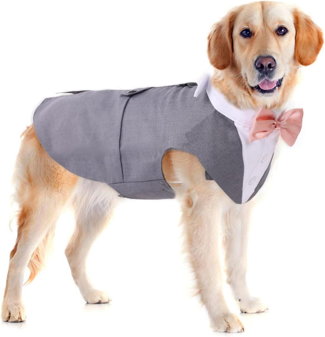 Dog Tuxedo Suit and Bandana Set,Small Medium Large Breeds Dog Wedding Attire Party,Gentle Pet Prince Costume with Detachable Bow Tie Collar,Cat Vest Shirt Dress-up Cosplay Apparel for Special Events (Grey, Medium)
