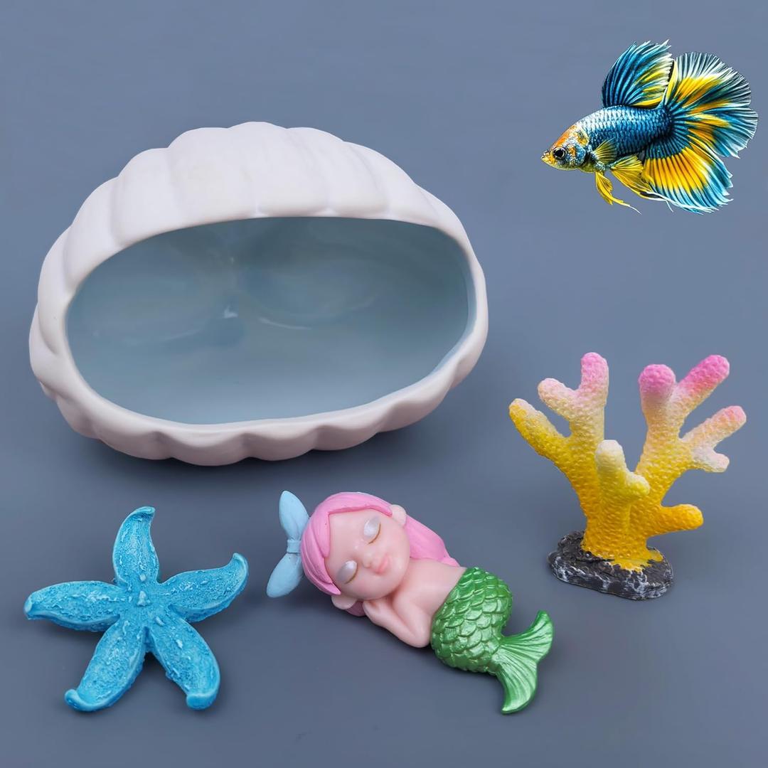 Ocean Theme Aquarium Decor 4-Piece Set: Ceramic Shell Cave, Resin Coral & Starfish, Cute Mermaid Figurine - Hideout & Ornament for Betta Fish, Shrimp, Small Fish Tank