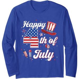 Happy 4th Of July Patriotic American Flag USA Men Women Kids Long Sleeve T-Shirt (Small, Blue)