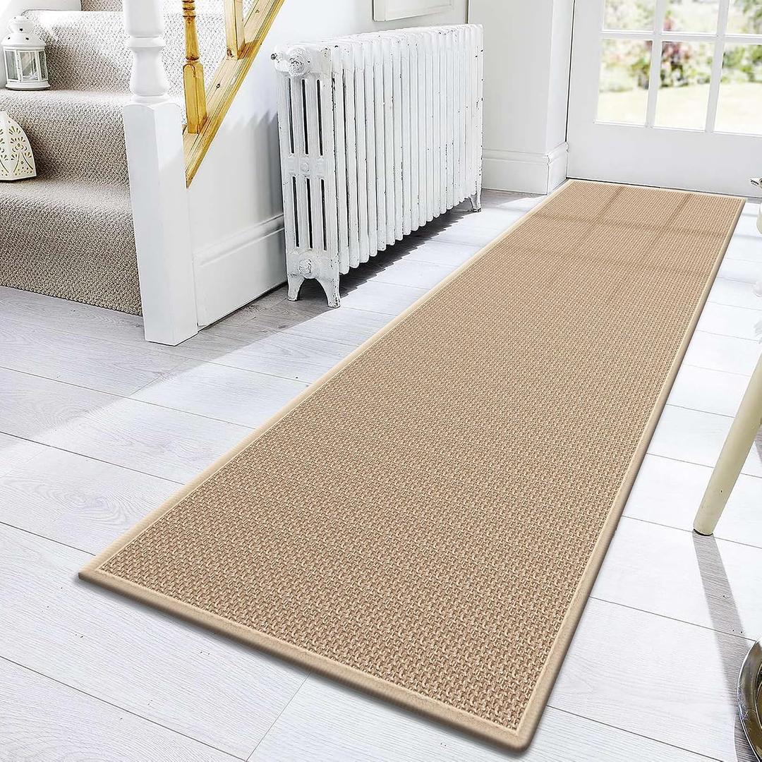 10ft Natural Jute Hallway Runner Rug Non Slip Washable, Rubber Backed Long Khaki Indoor Entryway Runner, Absorbent Kitchen Carpet Sink Rug, Khaki  2'4" x 10' (Rectangular)
