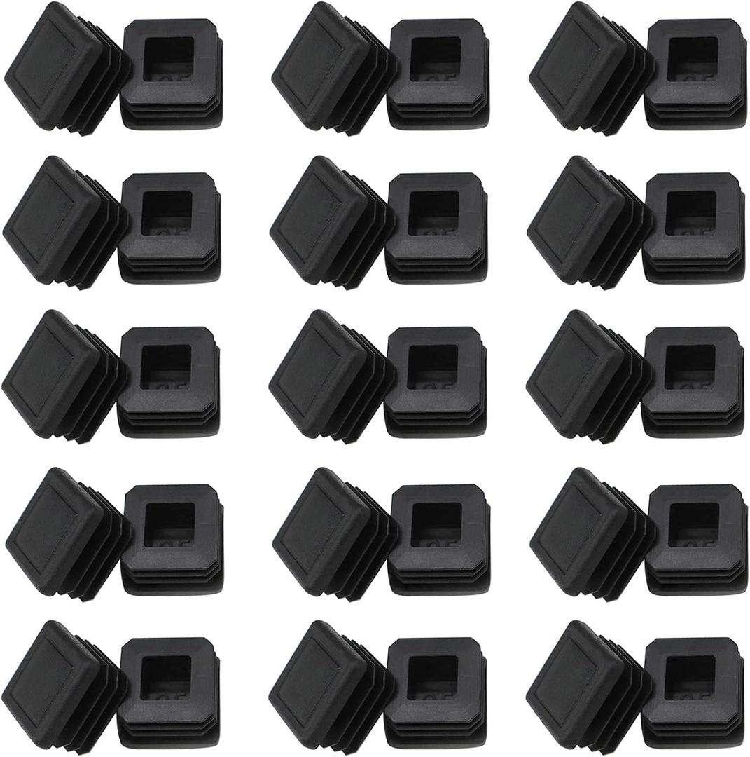 1" Square Tubing End Caps, Plastic Square Plugs 25 mm x 25 mm for Chair Glide Floor Protector Tubing Post End Cap Black (30 Pack)