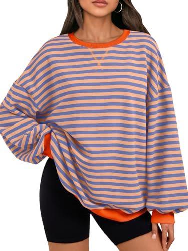 Trendy Queen Oversized Sweatshirt for Women 2026 Fall Crewneck Striped Long Sleeve Shirts Hoodies Cute Top Y2K Outfits, Small