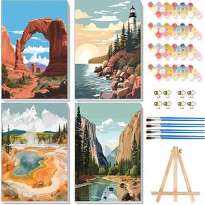 4 Pack Paint by Numbers for Adults with Framed Canvas - with Wooden Easel, National Park Paint by Number on Canvas, DIY Landscape Acrylic Oil Painting Kits with Brushes for Home Wall Decor (8x12 inch) (BKH1300+BKH1301+BKH1302+BKH1303)