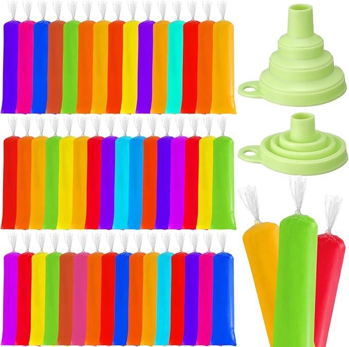 Hoolerry 600 Pcs Disposable Ice Lolly Bags Plastic Mold Ice Cream Bags with Silicone Foldable Funnel for Making Candy Yogurt Freeze Lolly(2.8 x 11.8 Inch)